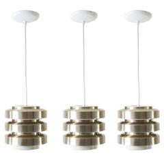 Set of Three Pendant Lights Brushed Brass Scandinavian Modern, 1960s
