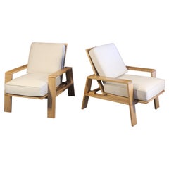 Pair of Oak Armchairs with Linen Cushions, France, 1950s