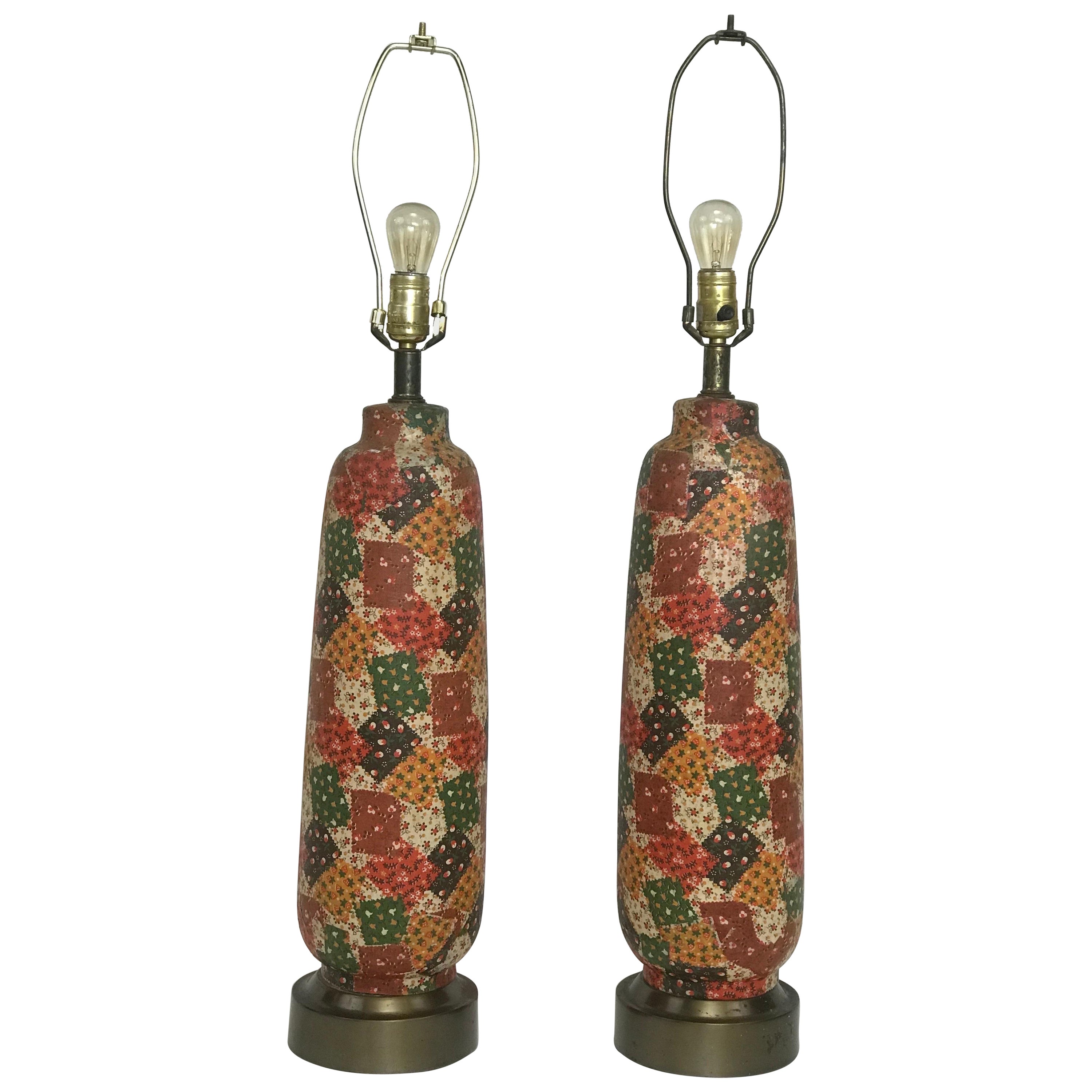 A Pair of 1970’s Spun Metal Table Lamps in a Printed Patchwork Theme Finish  For Sale