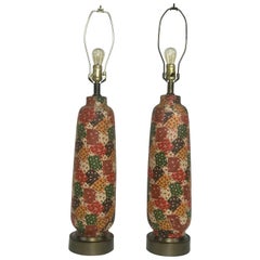 Retro A Pair of 1970’s Spun Metal Table Lamps in a Printed Patchwork Theme Finish 