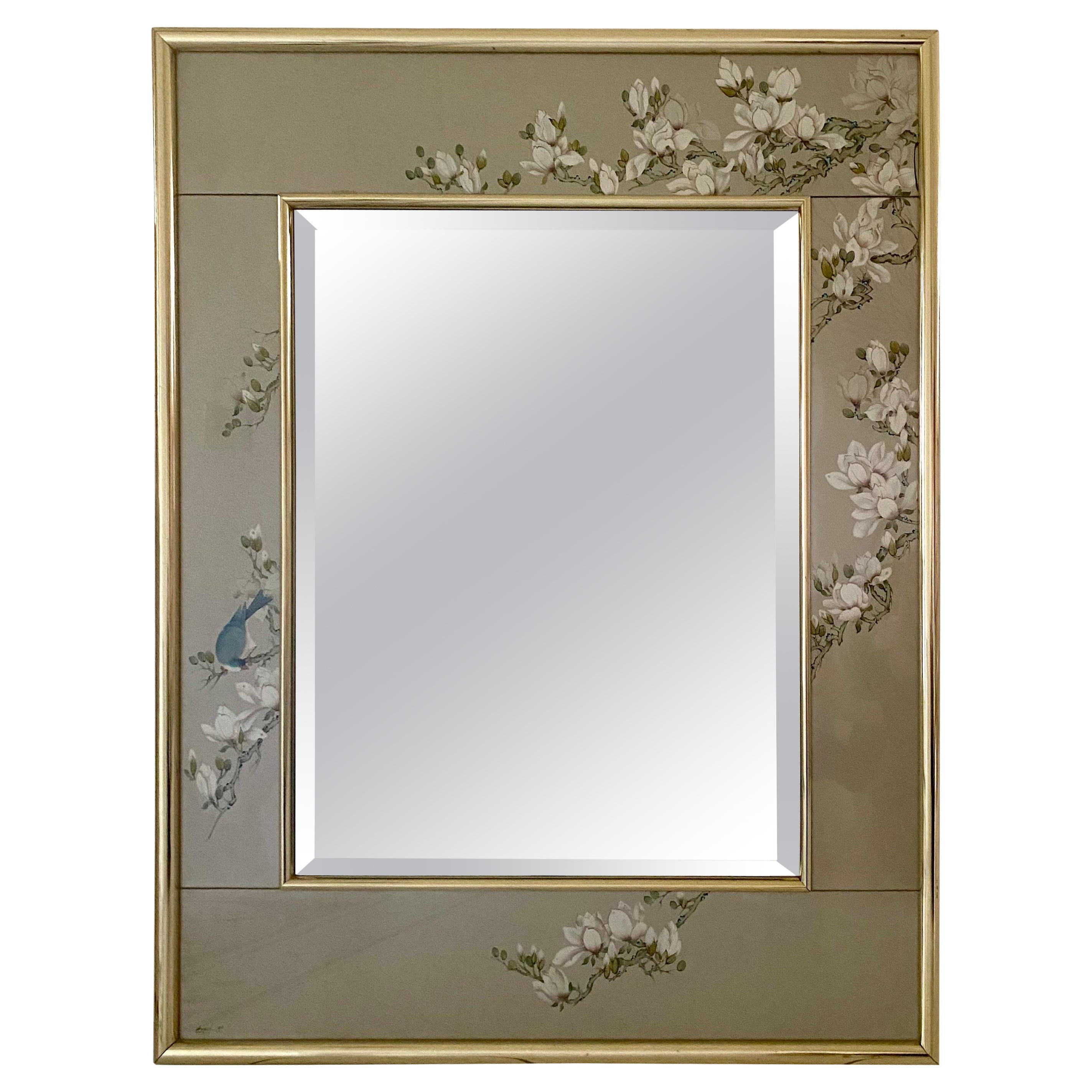 La Barge Hand Painted Eglomise Glass Frame with Beveled Mirror For Sale