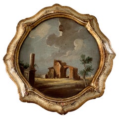 Peinture à l'huile sur toile italienne vintage encadrée d'un paysage avec une ruine de Capriccio