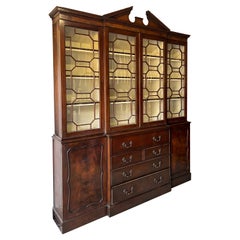 Vintage 1950s Chinese Chippendale Style Burl Mahogany Cabinet / Secretary / Breakfront