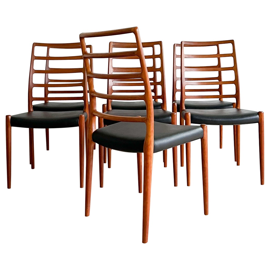Set of Six Tall LadderBack Teak and Leather Dining Chairs by Niels