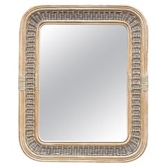 Grand miroir moderne organique vintage en bois, osier et cuir