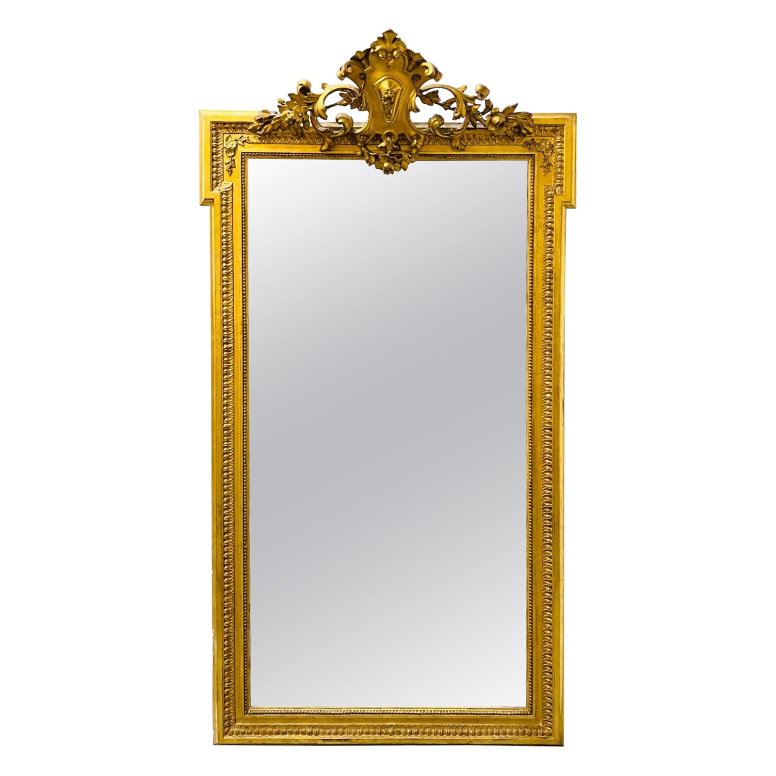 Miroir mural, console, miroir de quai, pleine longueur, plancher, en bois doré français du 19e siècle