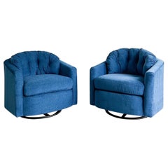 Retro Pair of Modern Swivel Rocker Lounge Chairs w/ Blue Upholstery