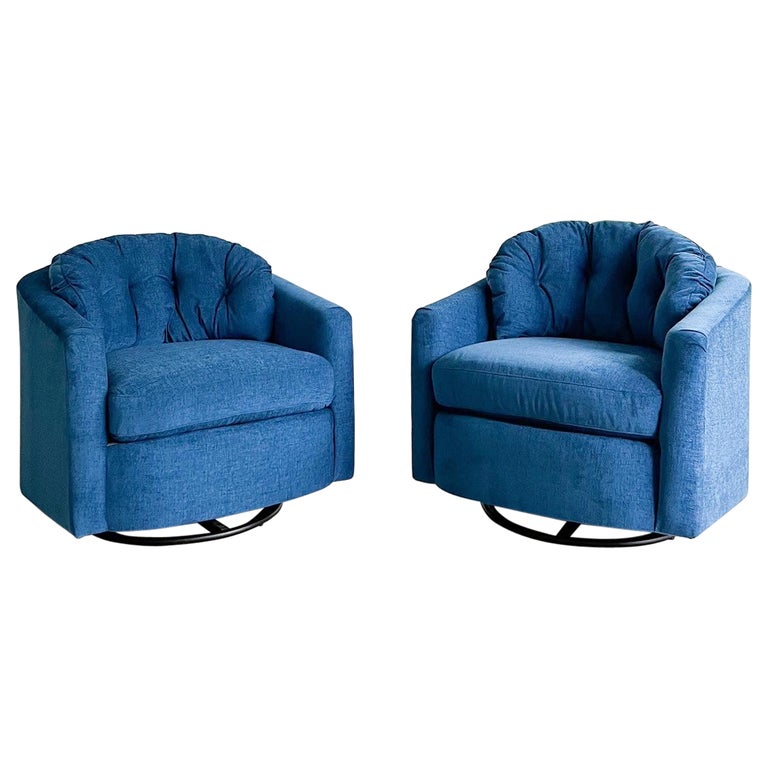 Pair of Modern Swivel Rocker Lounge Chairs w/ Blue Upholstery at 1stDibs