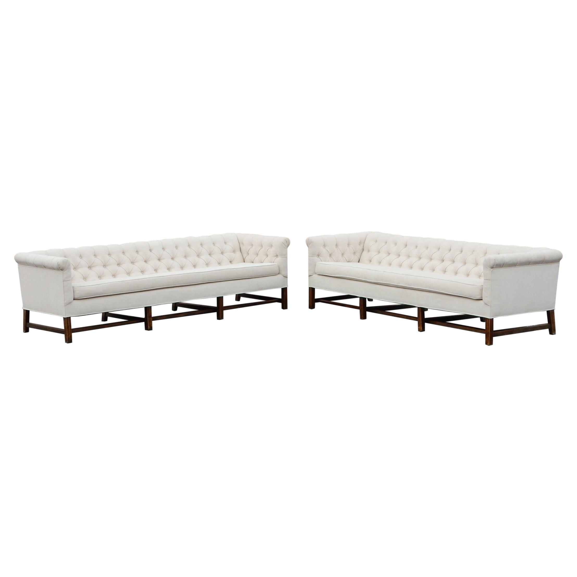 Pair of Matching Mid-Century Modern Tufted Tuxedo Sofas For Sale