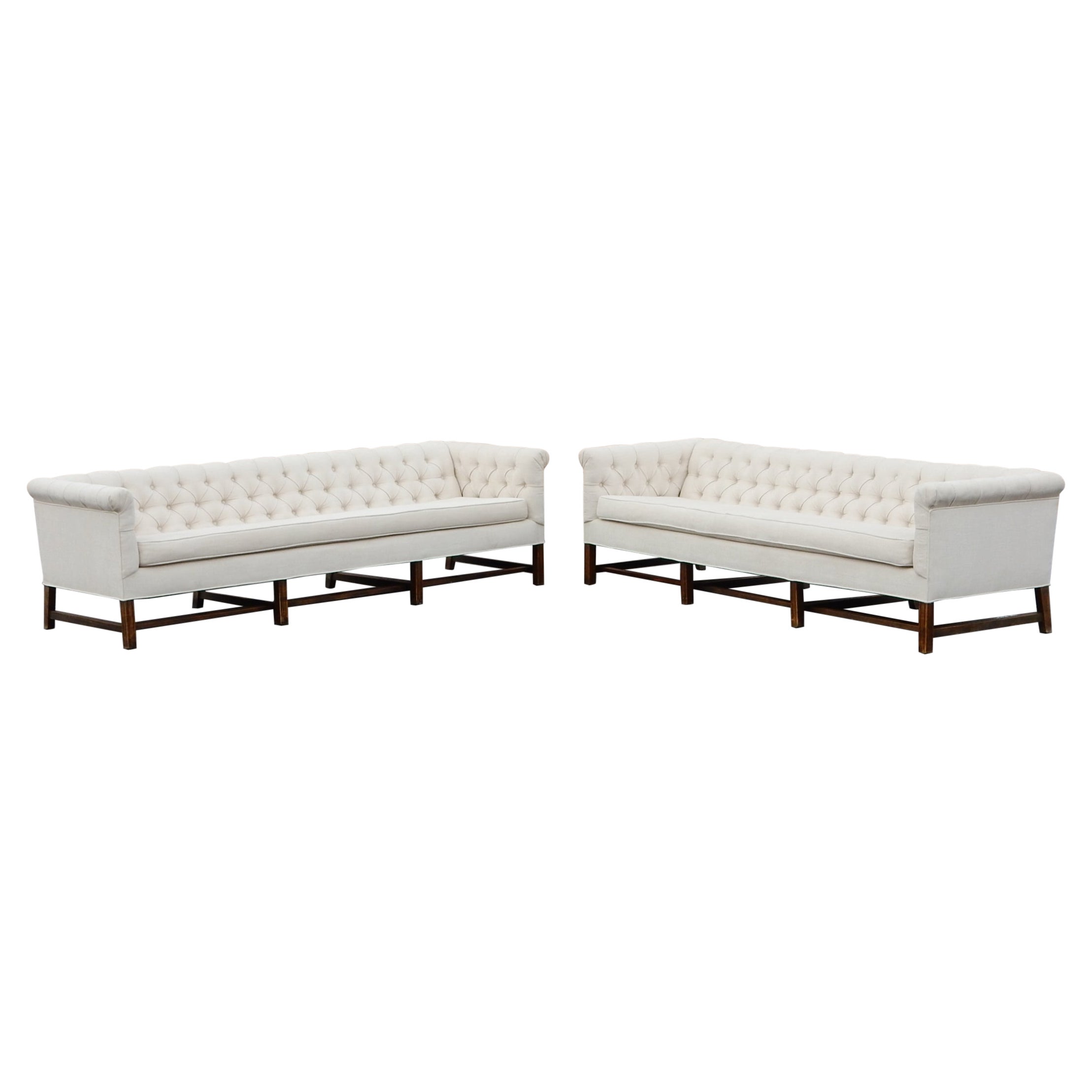 Pair of Matching Mid-Century Modern Tufted Tuxedo Sofas