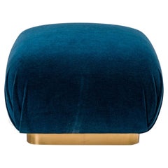 Vintage Karl Springer American Mid-Century Blue Velvet and Steel Souffle Ottoman