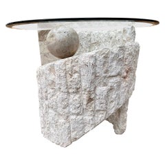 1980s Postmodern Natural Mactan Stone Accent / End Table with Glass Top