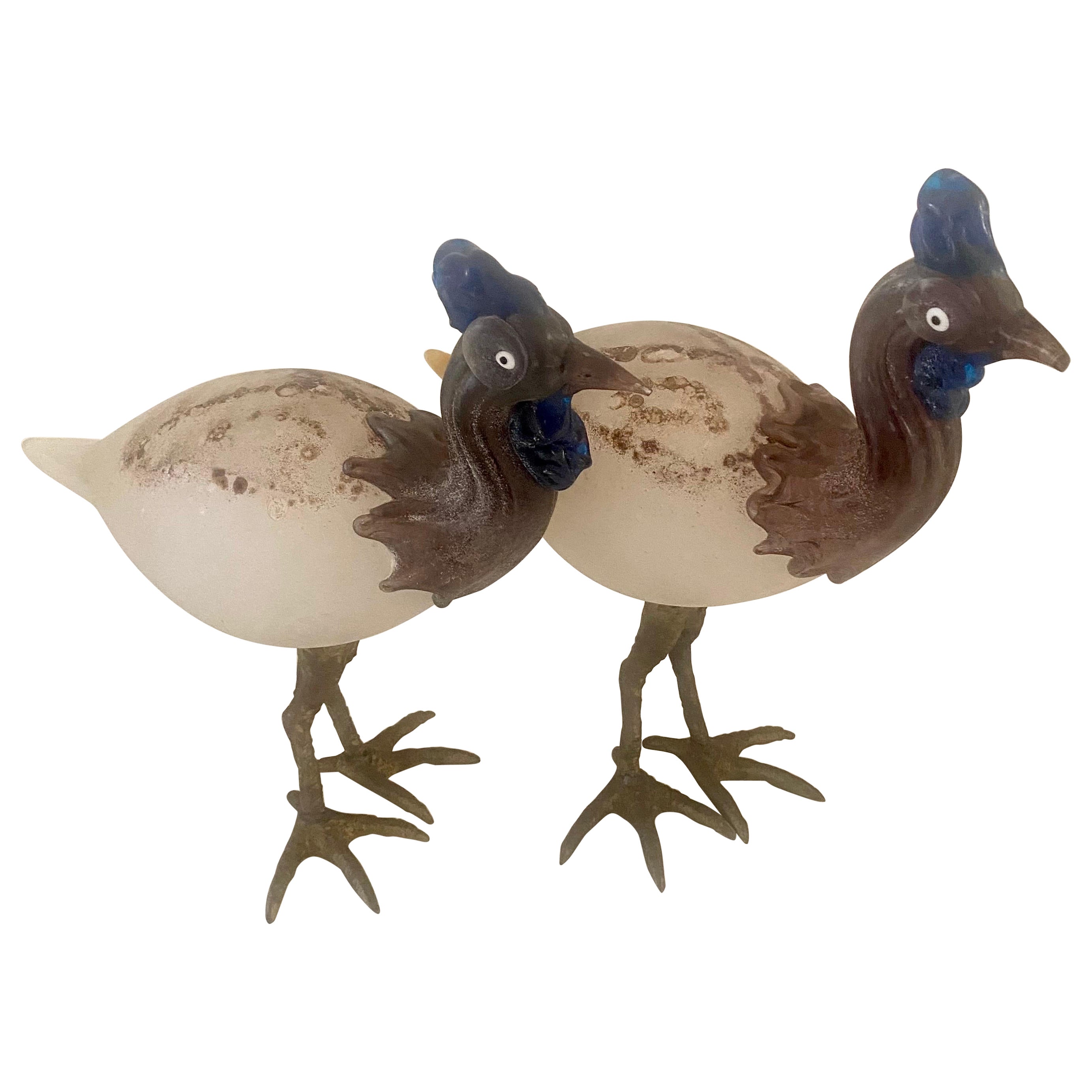 Pair of Cenedese Scavo Glass and Bronze Bird Sculptures For Sale