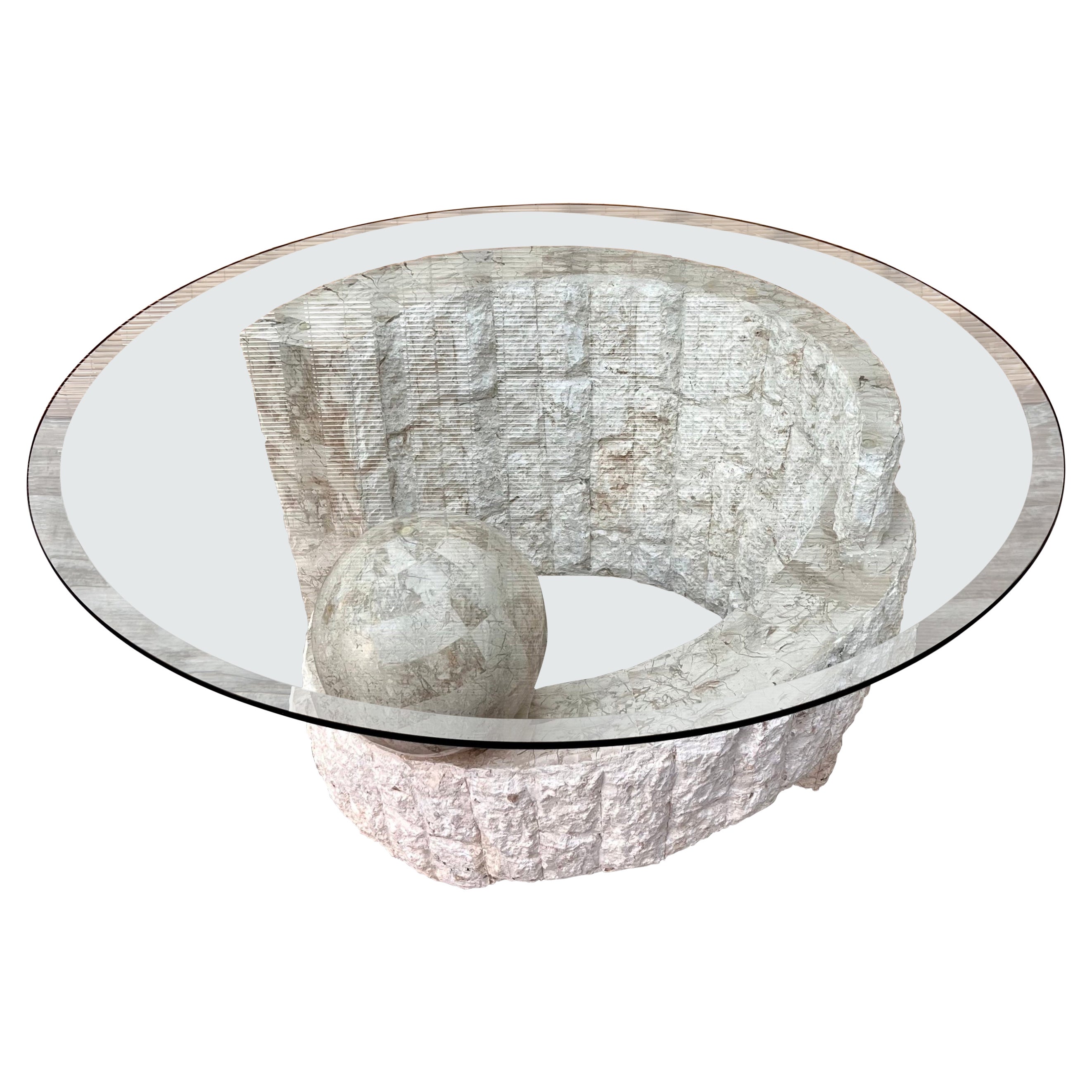 Postmodern Natural Mactan Stone Round Coffee Table with Glass Top circa