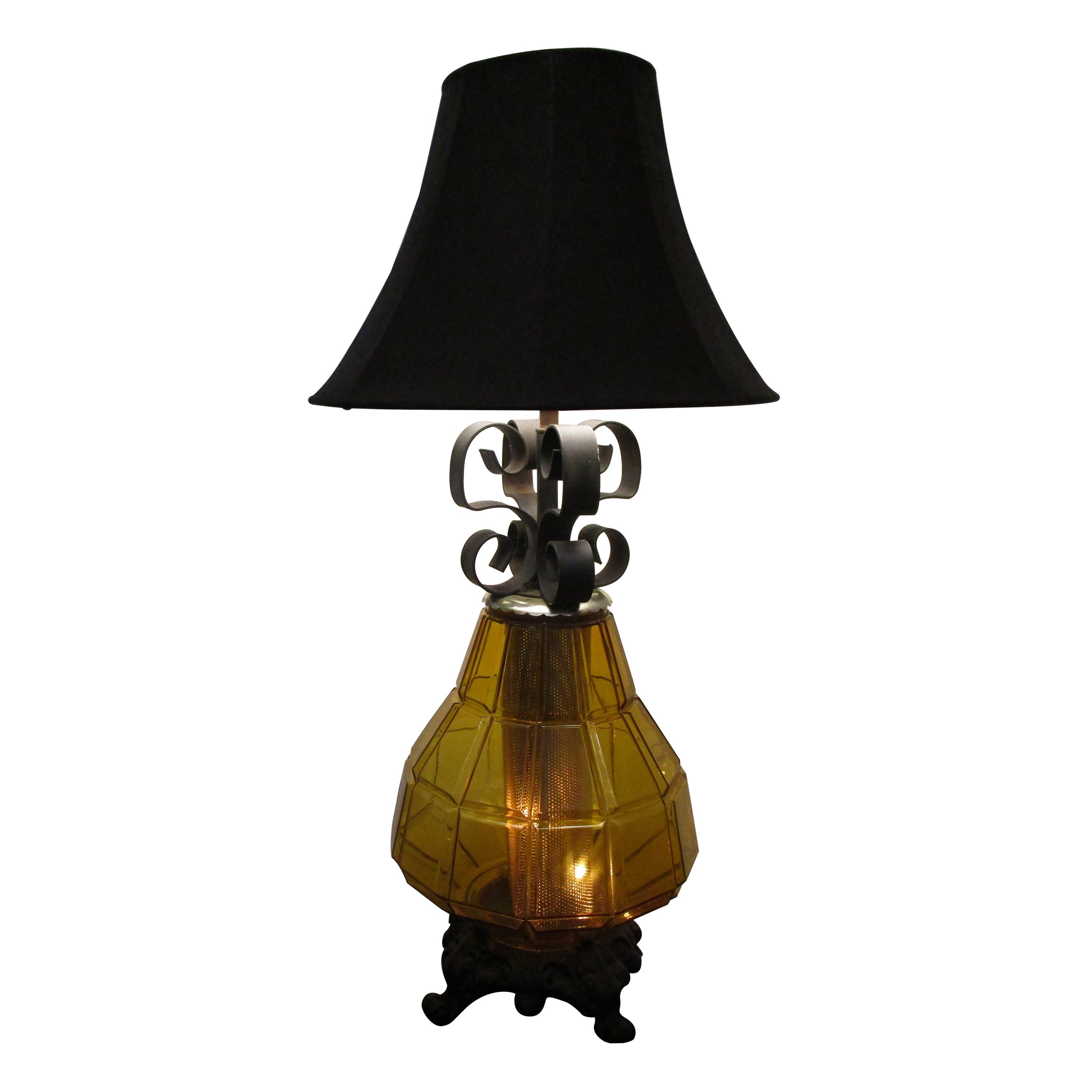 Vintage Geometric Pressed Amber Glass Lamp with Incandescent Cylinder  For Sale