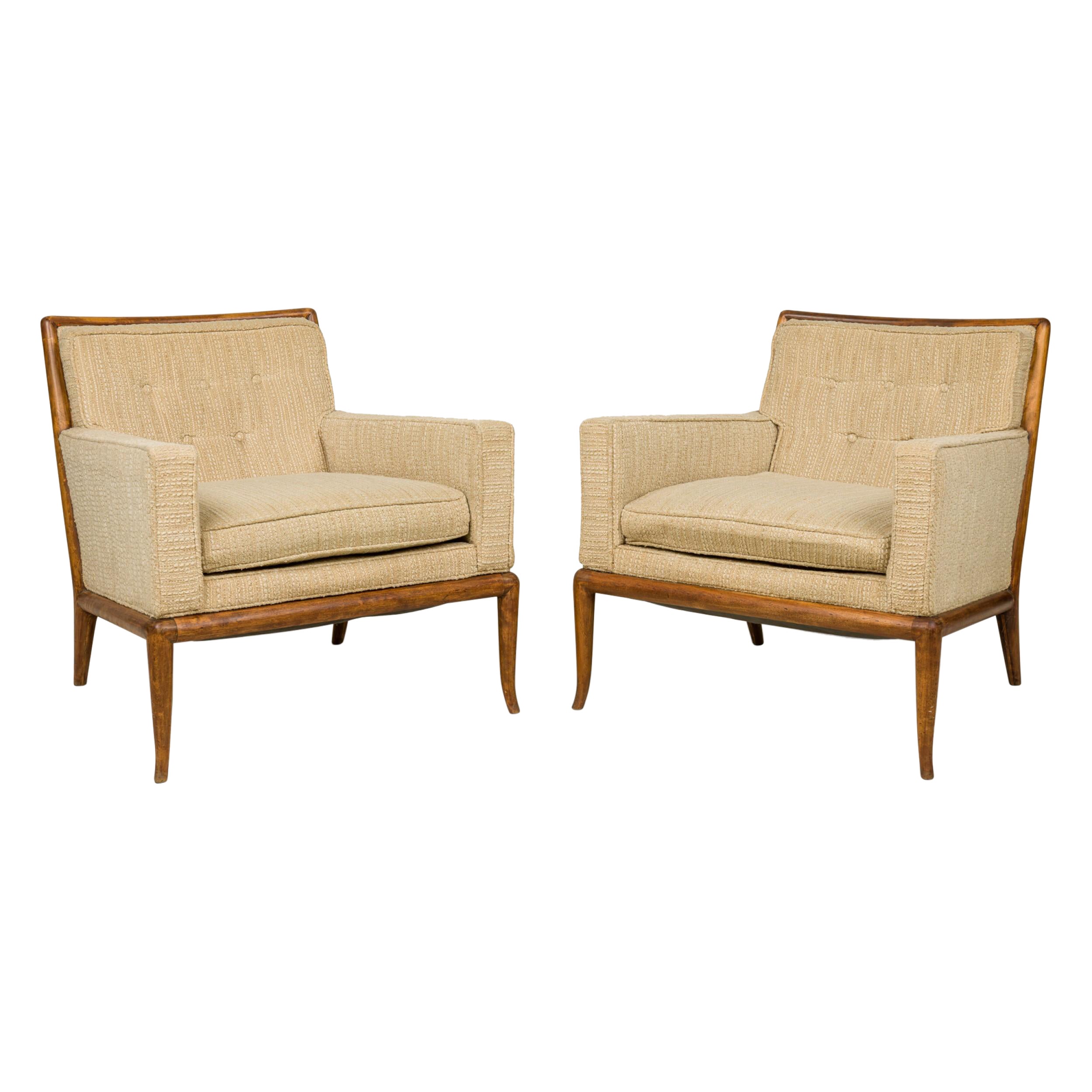 Pair of T.H Robsjohn-Gibbings for Widdicomb Beige Walnut Frame Lounge / Armchair For Sale