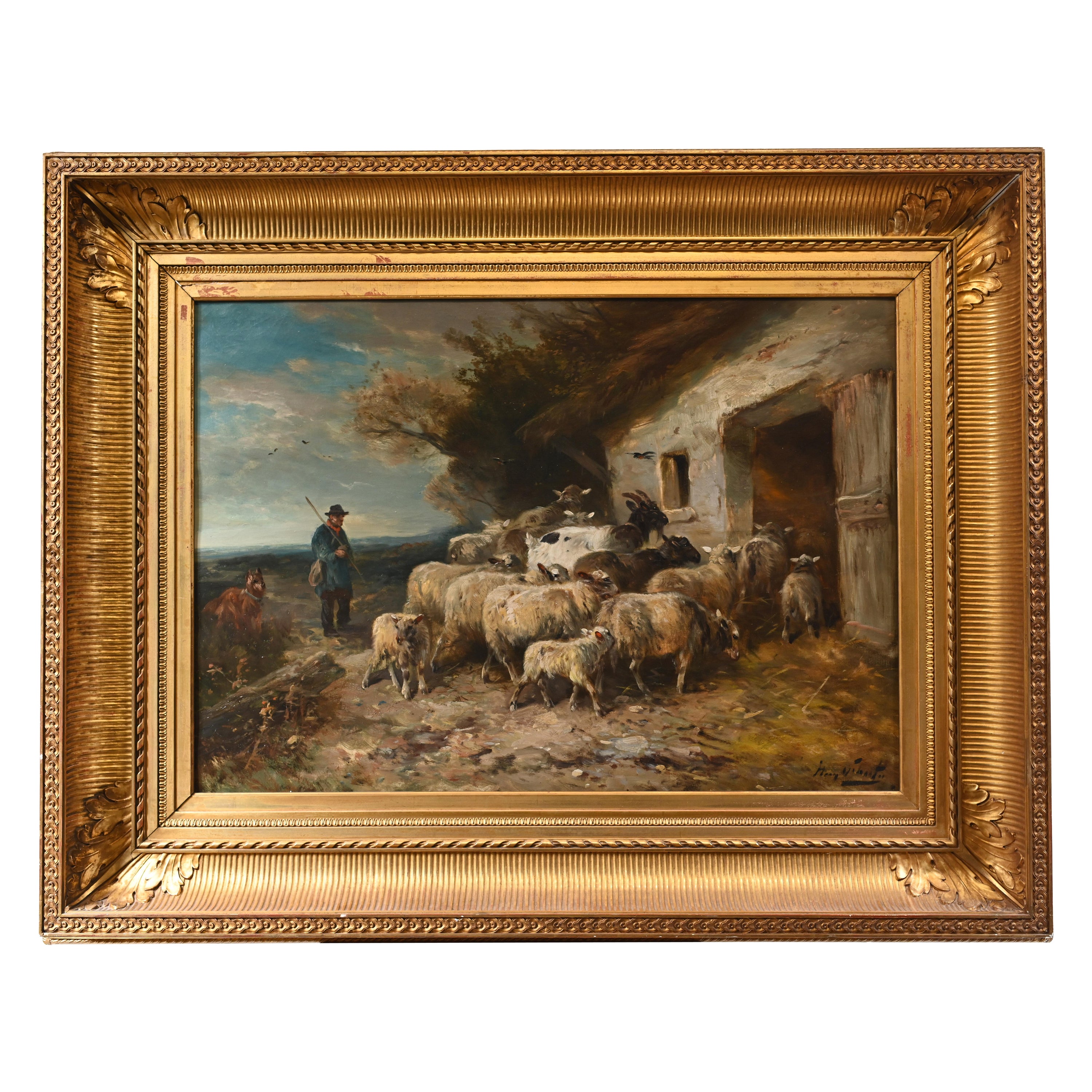 Oil Painting Shepherd Sheep Flock by Henry Schouten Belgium 1890 For Sale