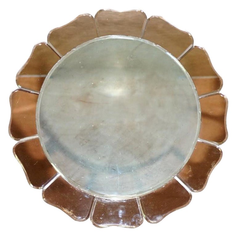 Large Sublime 1930's Art Deco Peach Glass Bevelled Venetian Round Petal Mirror For Sale