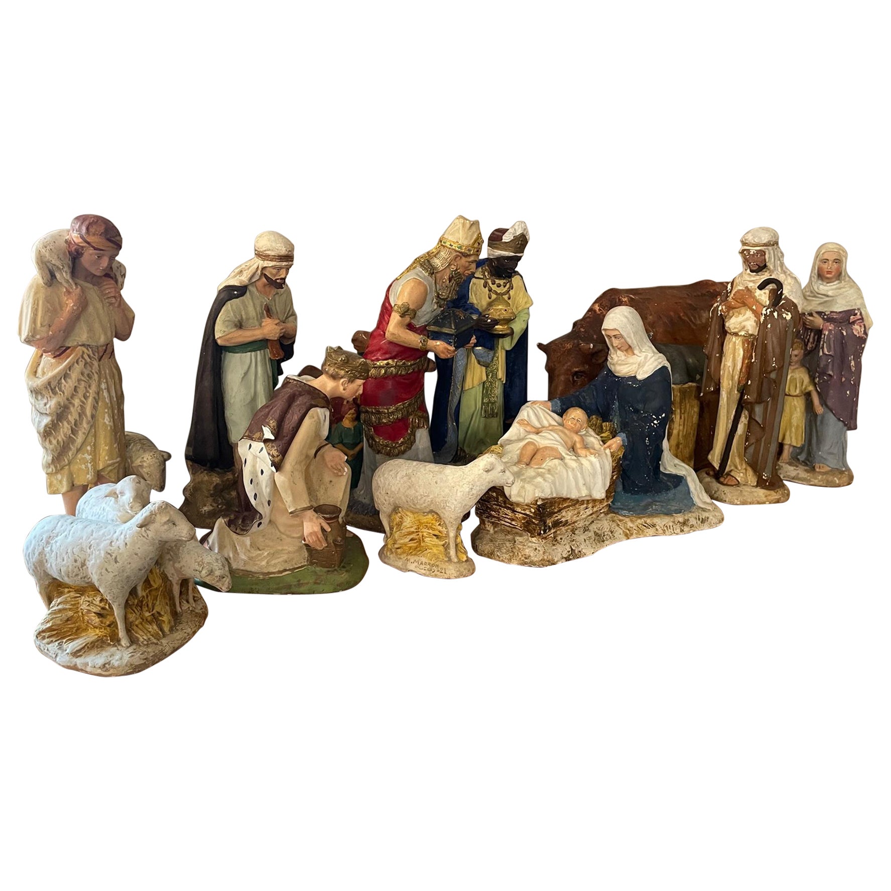 Early 20th century French Plaster Nativity Scene Figurines signed Marron, 1920s