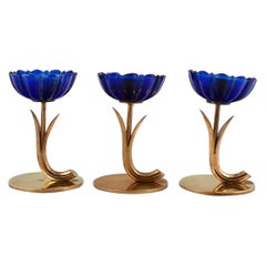 Vintage Gunnar Ander for Ystad Metall, Three Candlesticks in Brass and Blue Art Glass