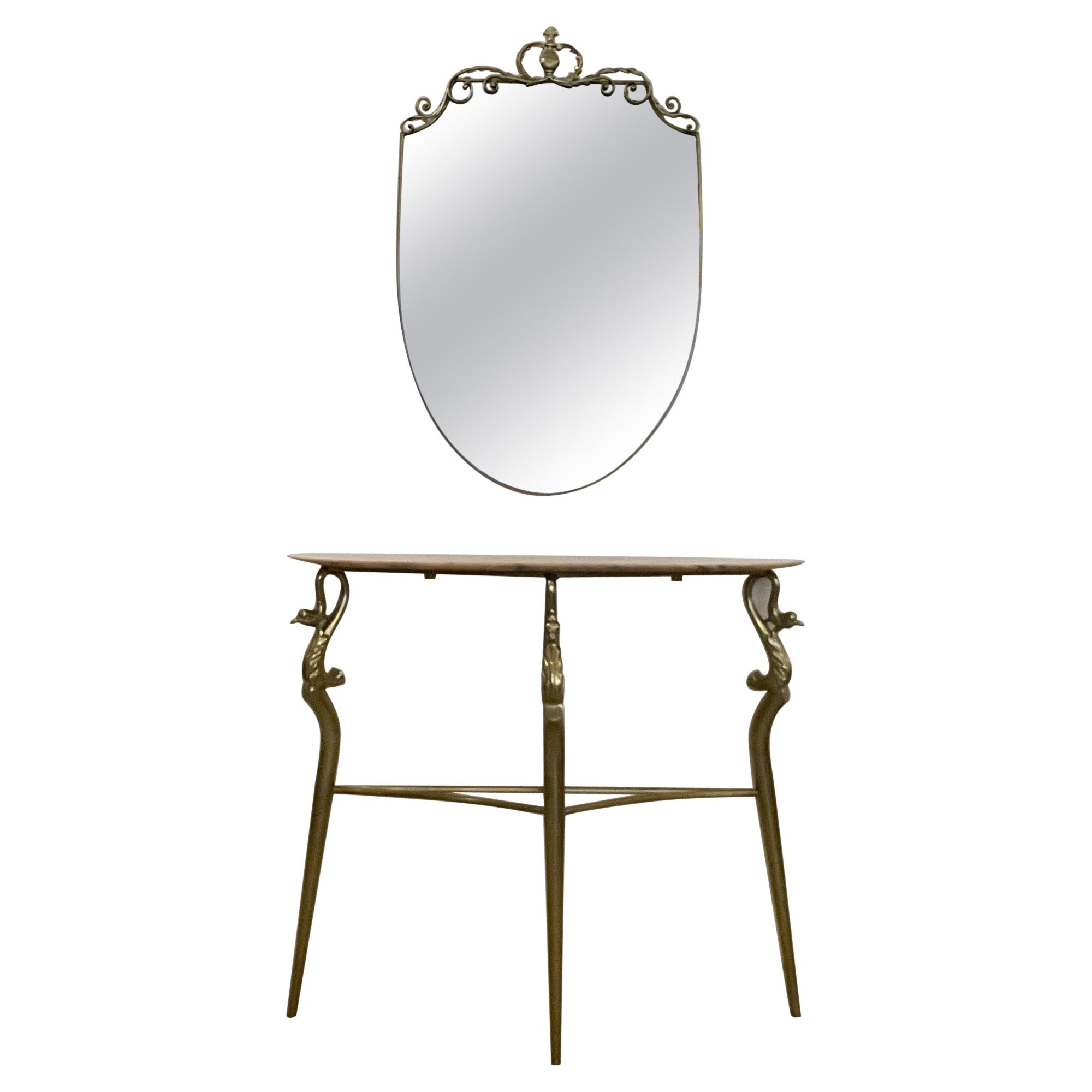 1950's Italian Brass Marble Console with Mirror  For Sale