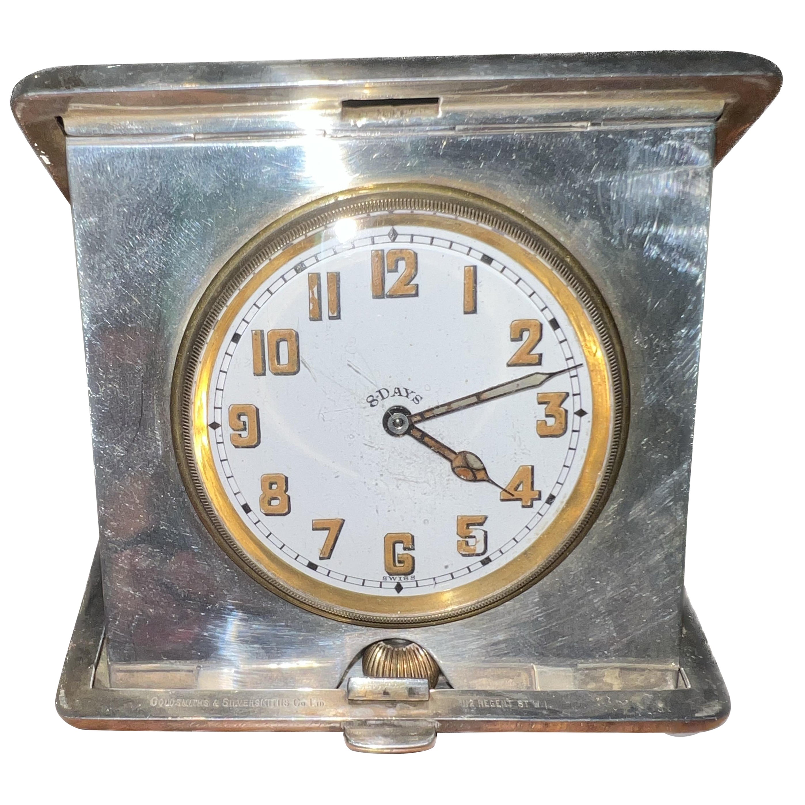 Goldsmith & Silversmith Sterling Silver Travel Desk 8 Day Clock