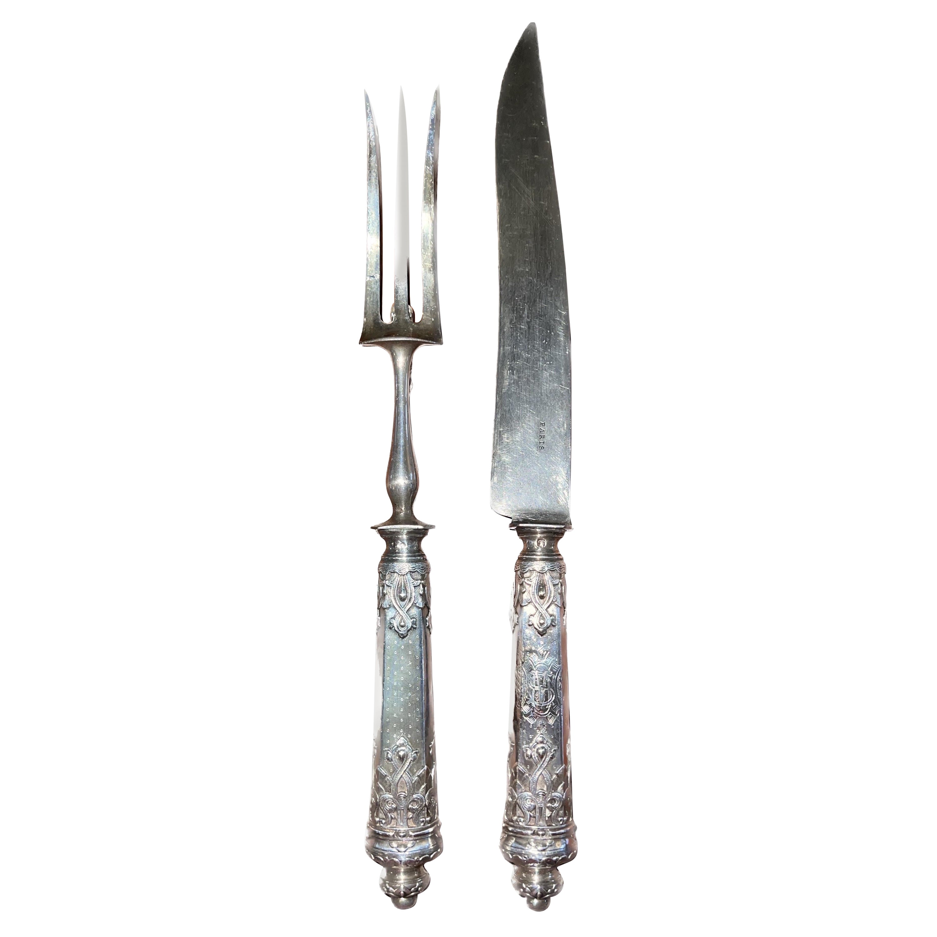 French 19th C. Sterling Silver Carving Set Hallmarked Paris For Sale