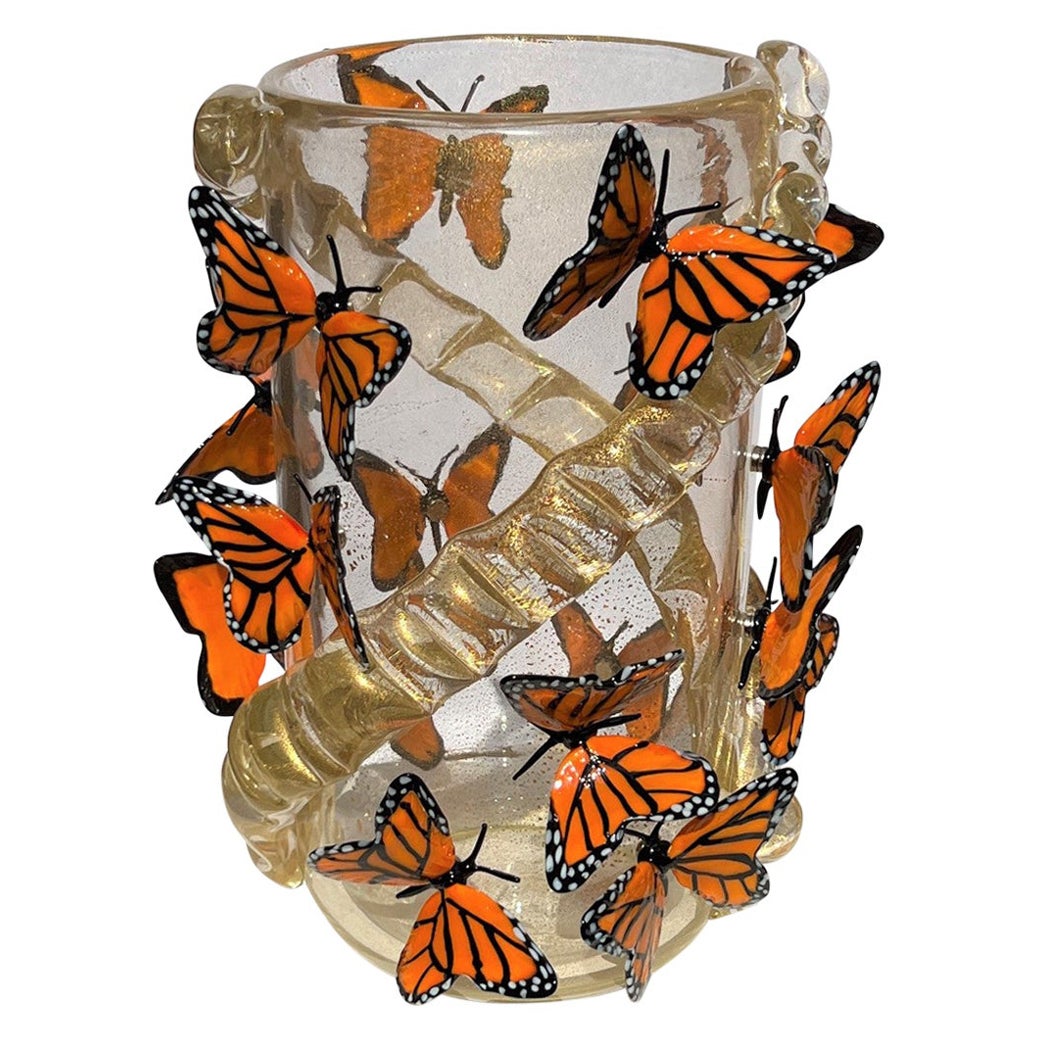 Costantini Diego Modern Real Gold Made Murano Glass Vase avec papillons en vente