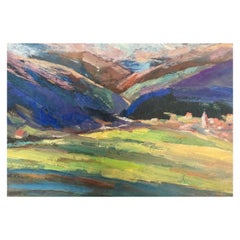 Óleo impresionista francés vintage  Púrpura Provenza Hills