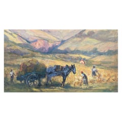 Cheval et chariot impressionniste français vintage avec des fermiers chevauchant la récolte