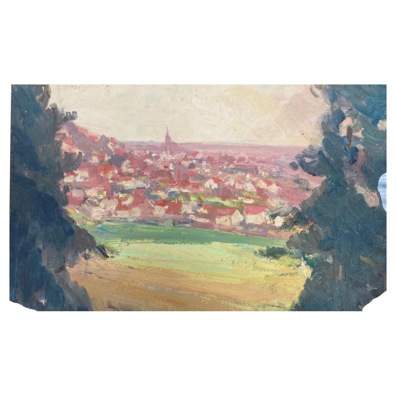Vieille vue à l'huile impressionniste française d'une ville de Provence rouge d'automne en vente