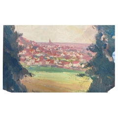 Vieille vue à l'huile impressionniste française d'une ville de Provence rouge d'automne