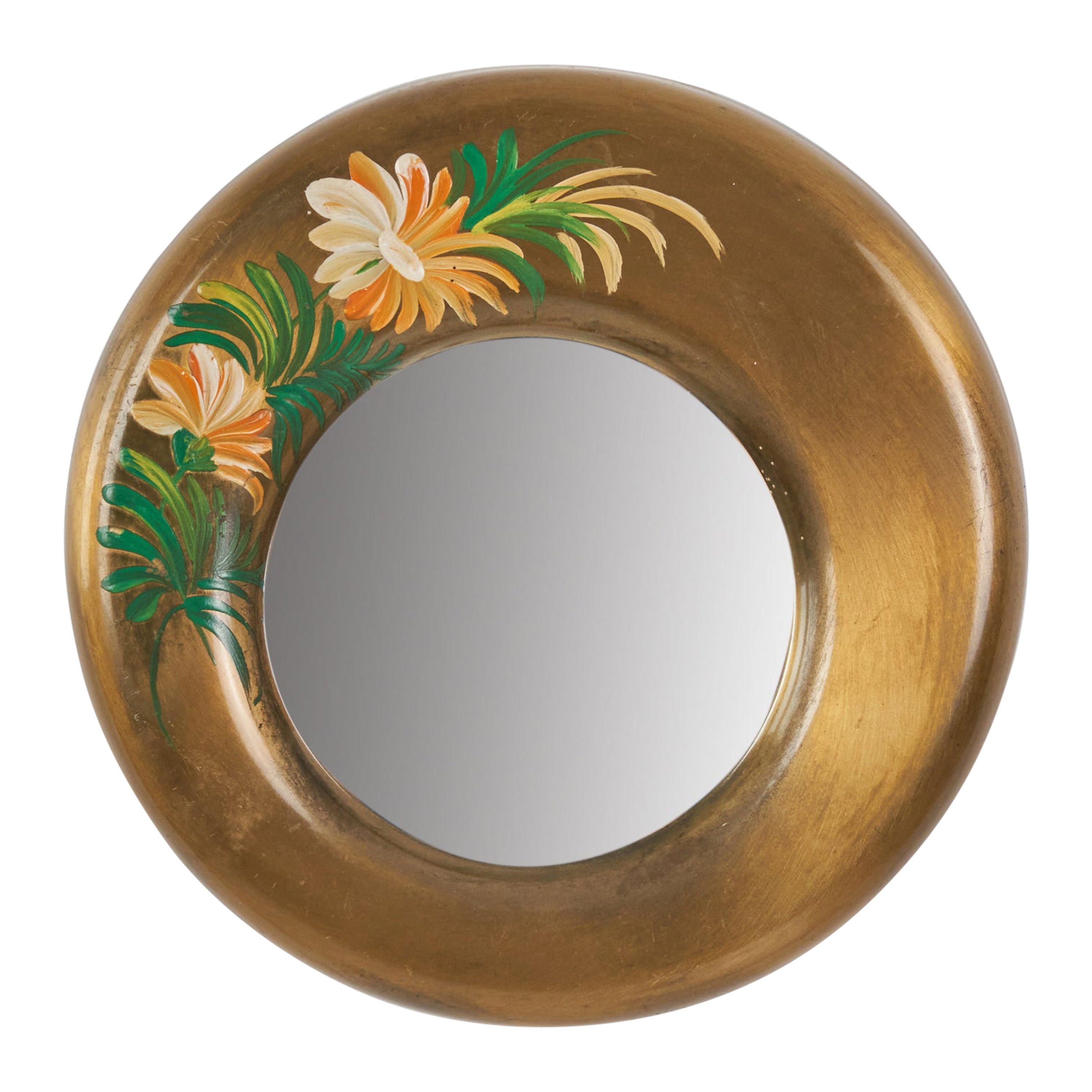 Italian Designer Small Wall Mirror, Hand-Painted Brass, Italy 1940s For Sale