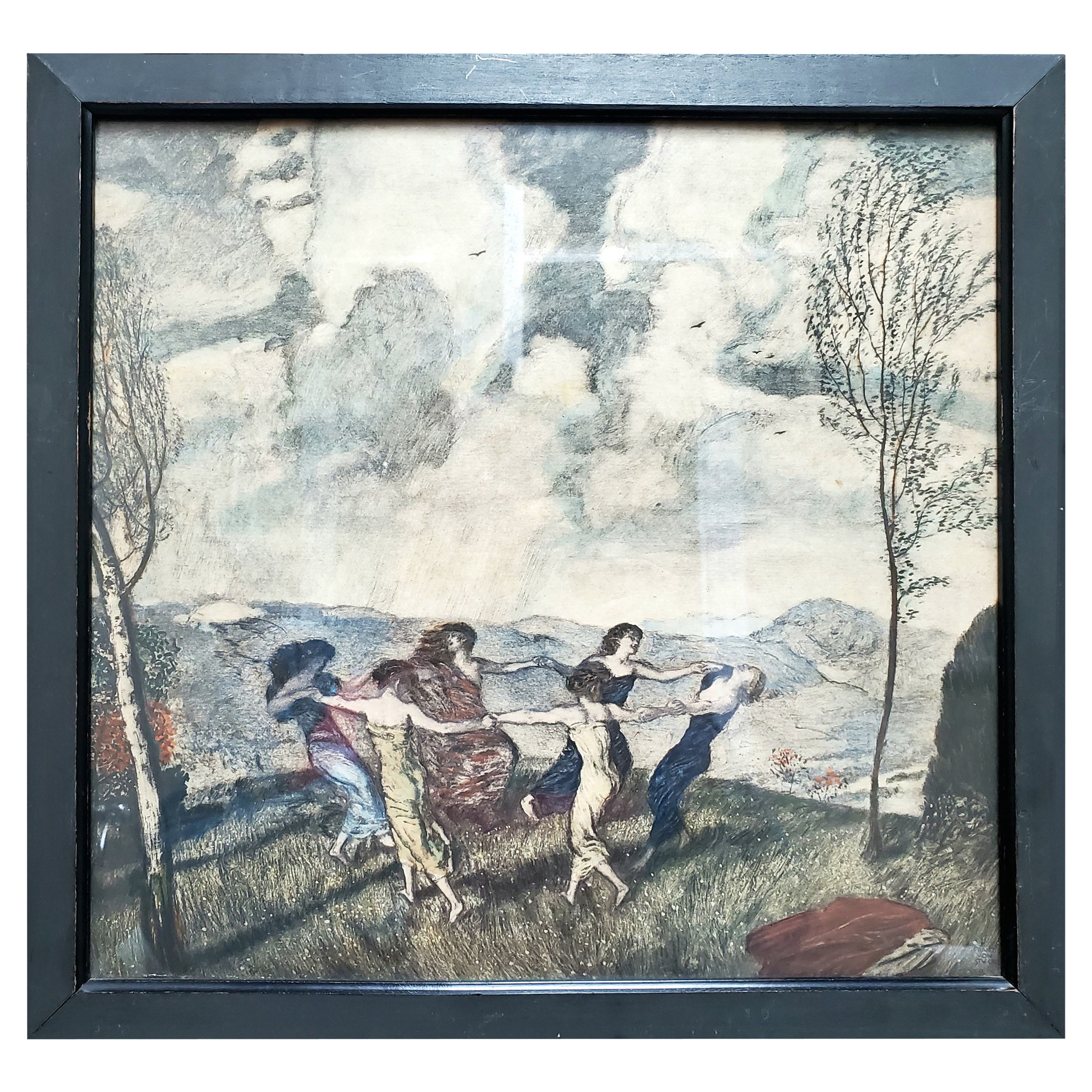 Signed Franz von Stuck Chromolithograph of Six Maidens Dancing in a Meadow