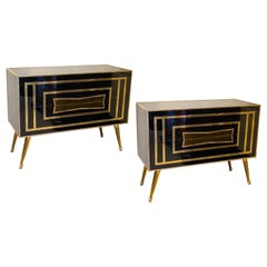 Midcentury Modern Brass and Black Colored Murano Glass Commode