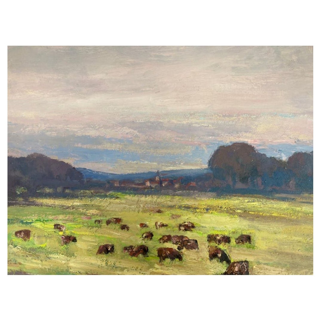 Olio impressionista francese d'epoca Mucche che sgranocchiano l'erba nei campi della Provenza in vendita
