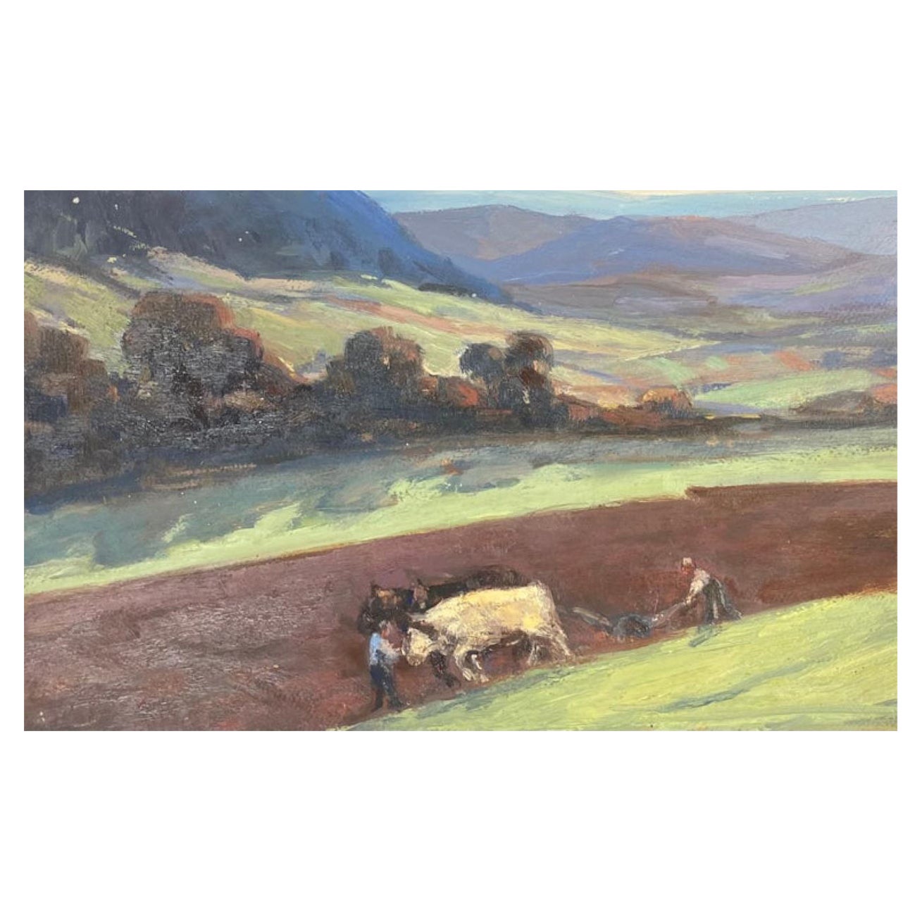 Olio impressionista francese d'epoca Cavallo e contadini in un paesaggio di terra