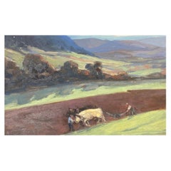 Peinture à l'huile impressionniste française vintage - Cheval et fermiers dans un paysage terreux