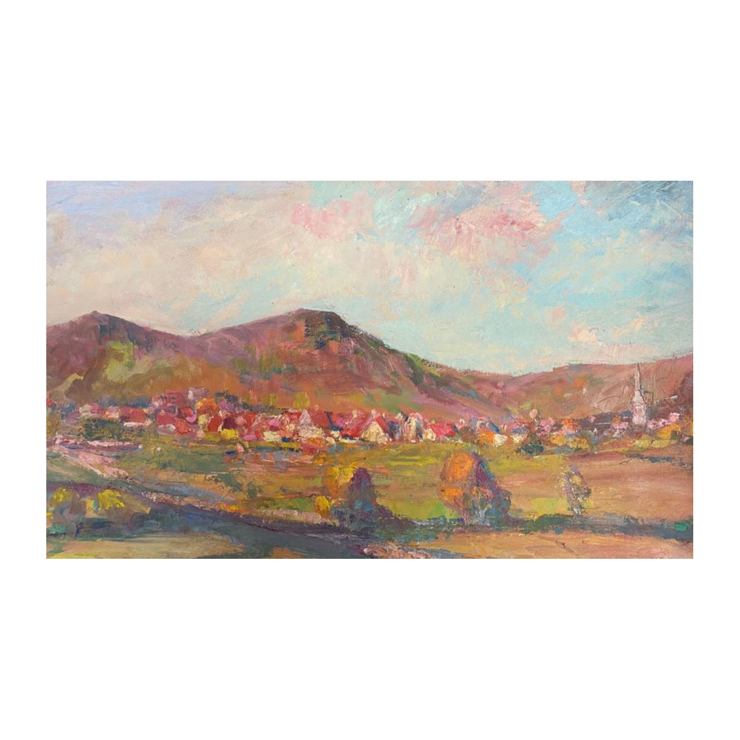 Óleo impresionista francés vintage Puesta de sol rosa sobre un pueblo de la Provenza