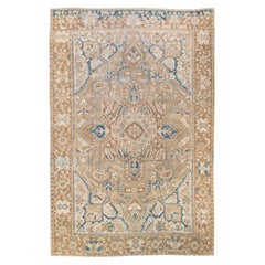 Antiker persischer Heriz-Teppich mit Medaillon aus brauner und blauer Wolle, handgefertigt