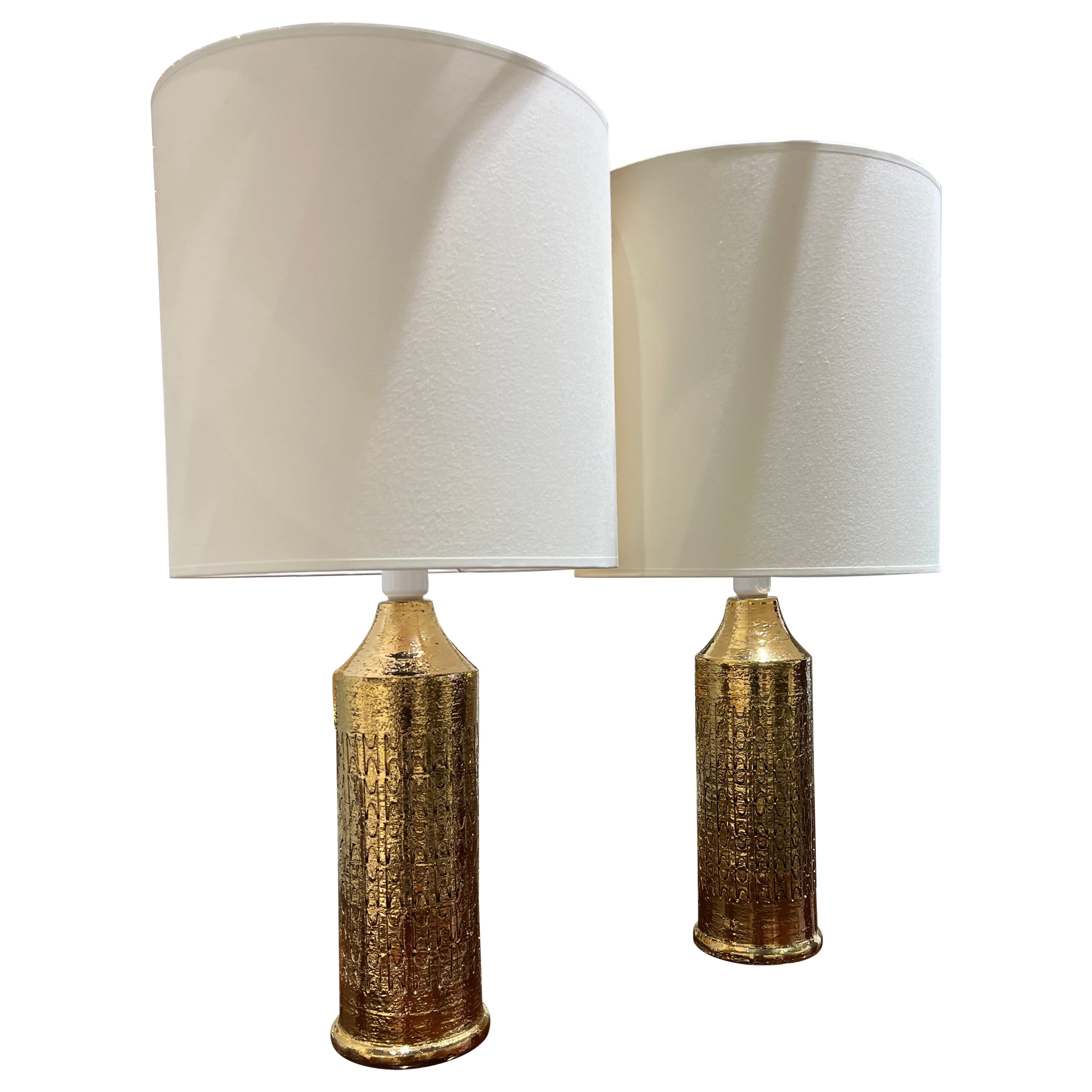 Pair of Gold Enameled Ceramic Lamps Bitossi for Bergboms, Circa 1970 For Sale