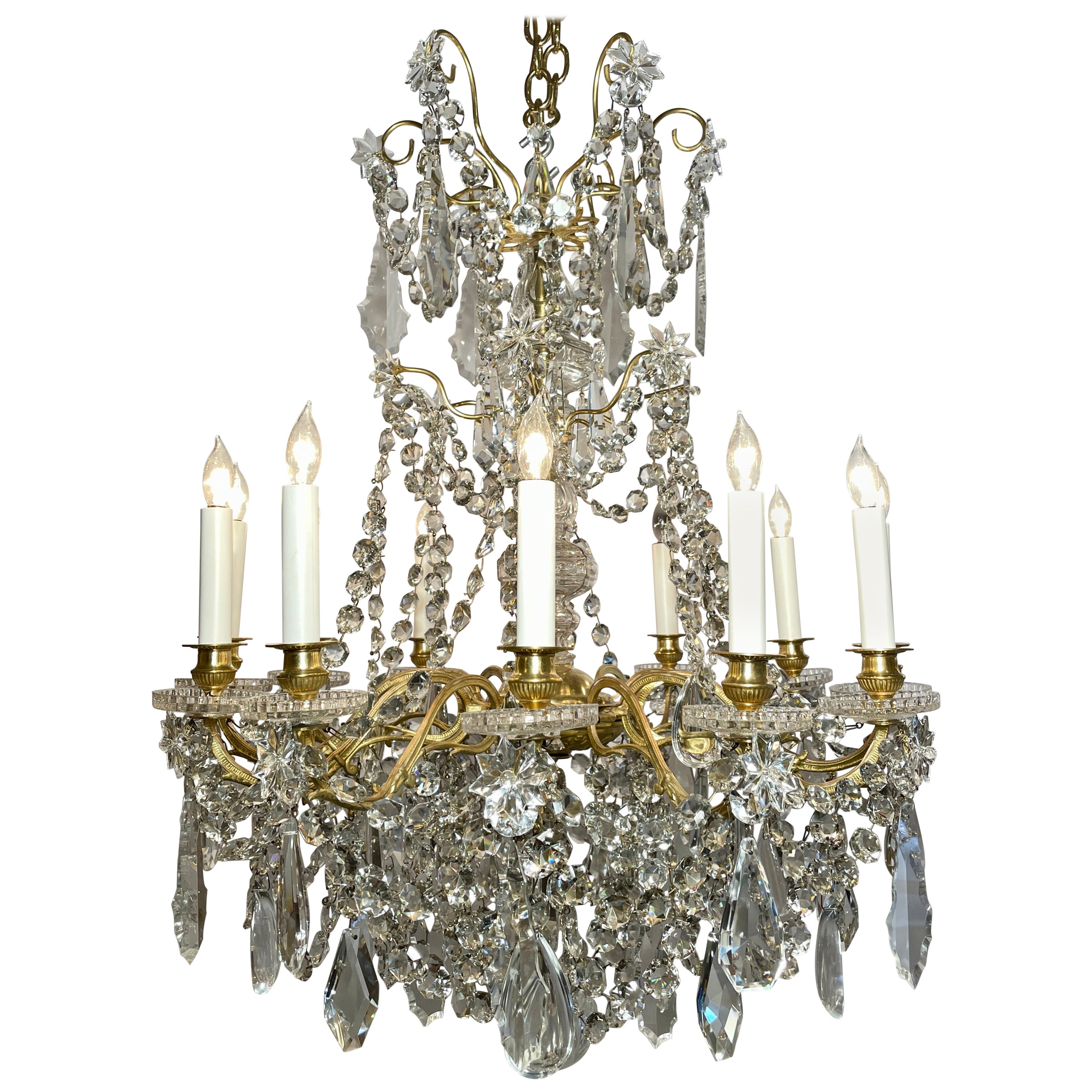 Antique French Cut Crystal and Gold Bronze 12-Light Chandelier, Circa 1875-1895. For Sale