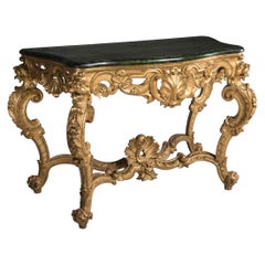 18th Century Marbled Wooden Top Gilded Wood Console Table