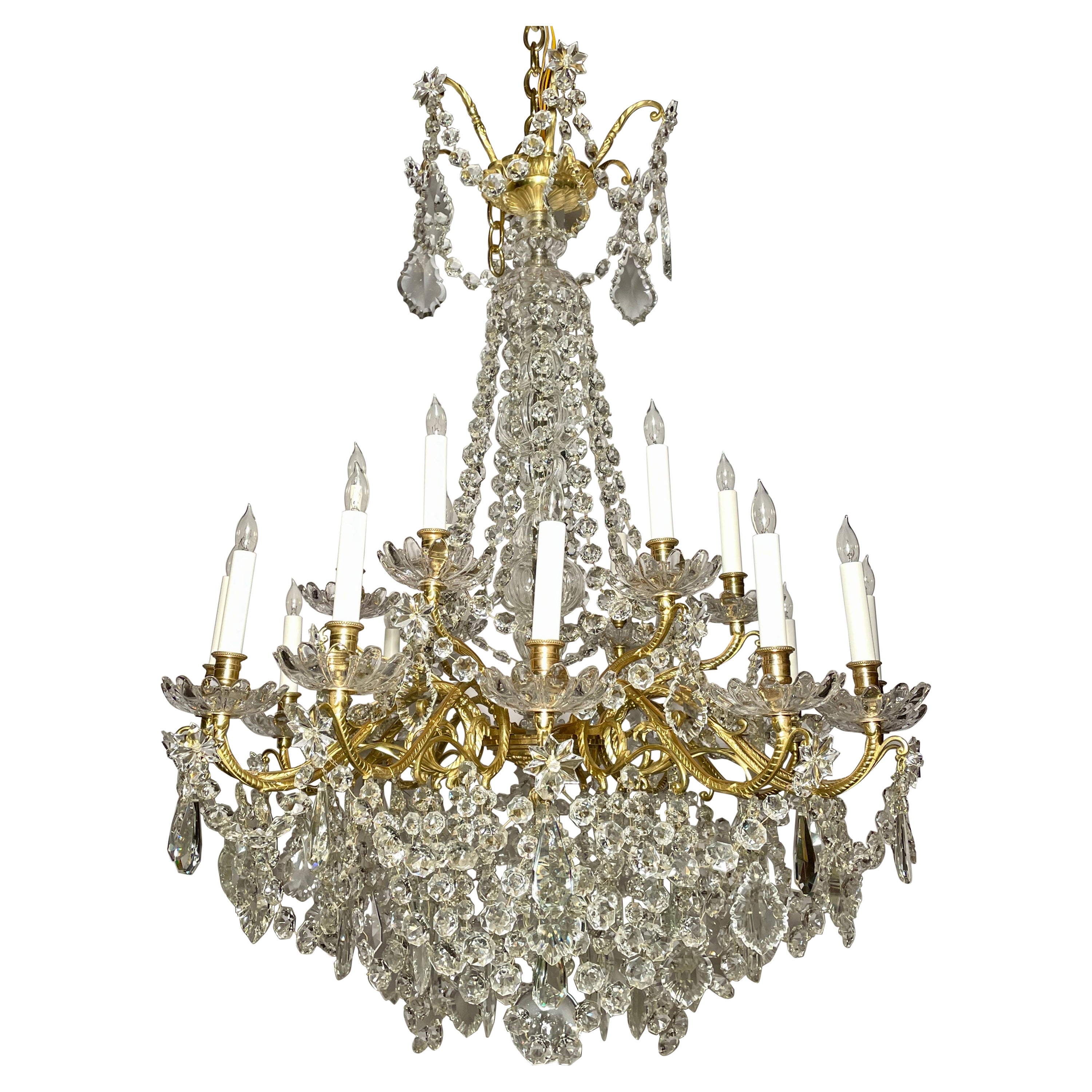 Antique French Gold Bronze and Cut Crystal 18-Light Chandelier