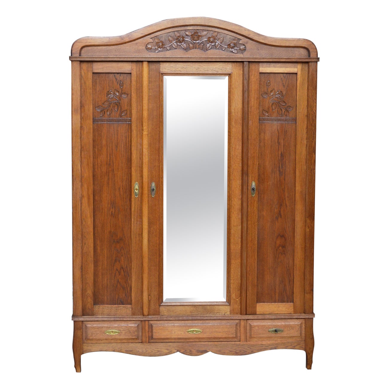 Art Nouveau Wardrobe with Mirror, in Carved Oak, France, circa 1910