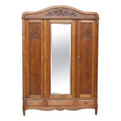 Antique Art Nouveau Wardrobe with Mirror, in Carved Oak, France, circa 1910