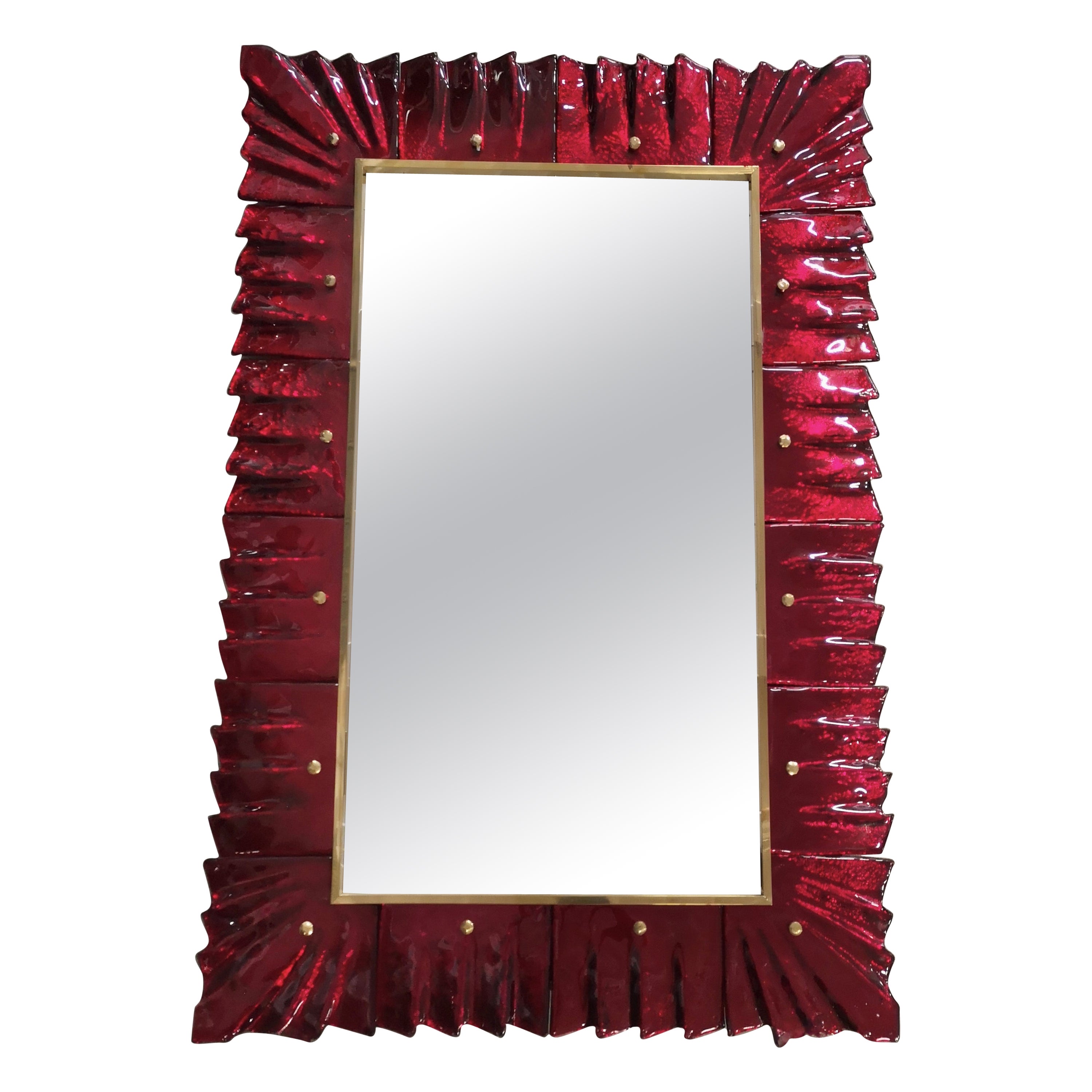 Murano Red Color Glass and Brass Mid-Century Wall Mirror, 2000 For Sale