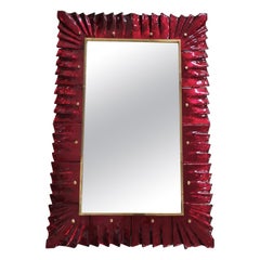 Consola / Espejo de Pared de Murano de Cristal Rojo y Latón de Mediano Siglo, 2000