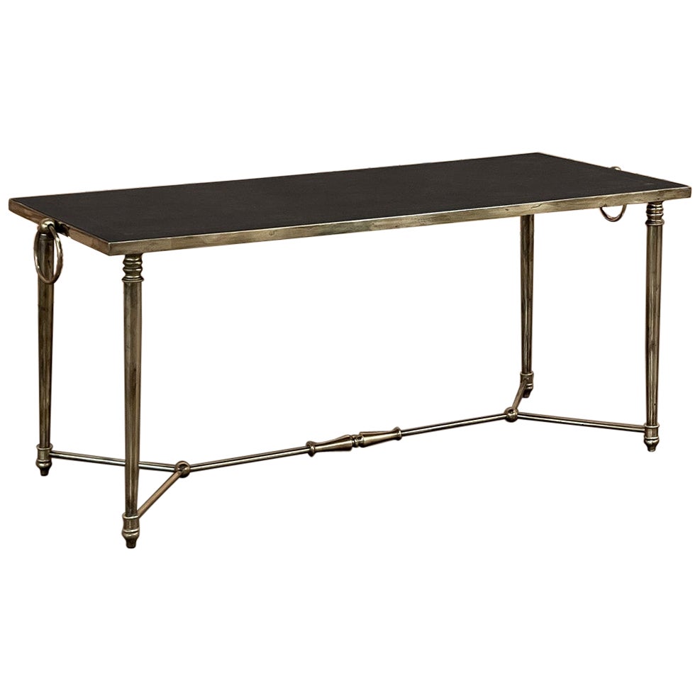 MidCentury Brass Coffee Table with Tooled Leather Top at 1stDibs