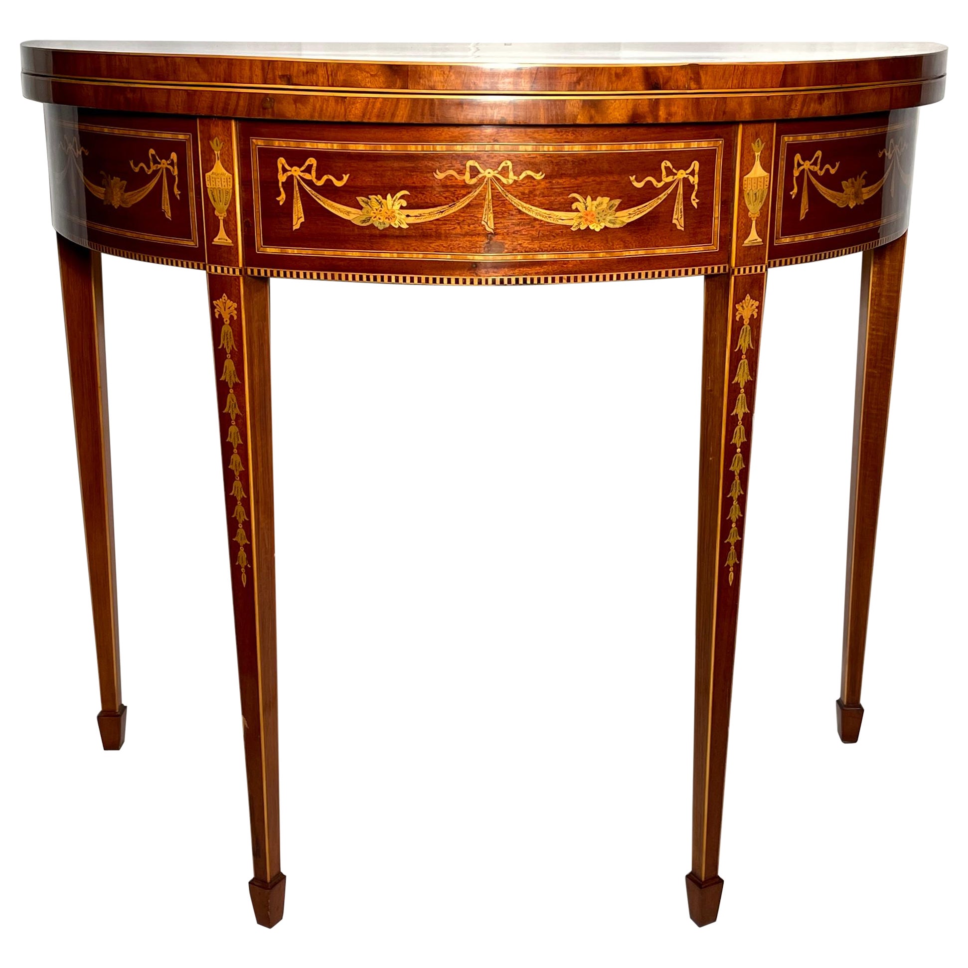 Antique English Satinwood Inlaid Mahogany Demi-Lune Table, circa 1890's